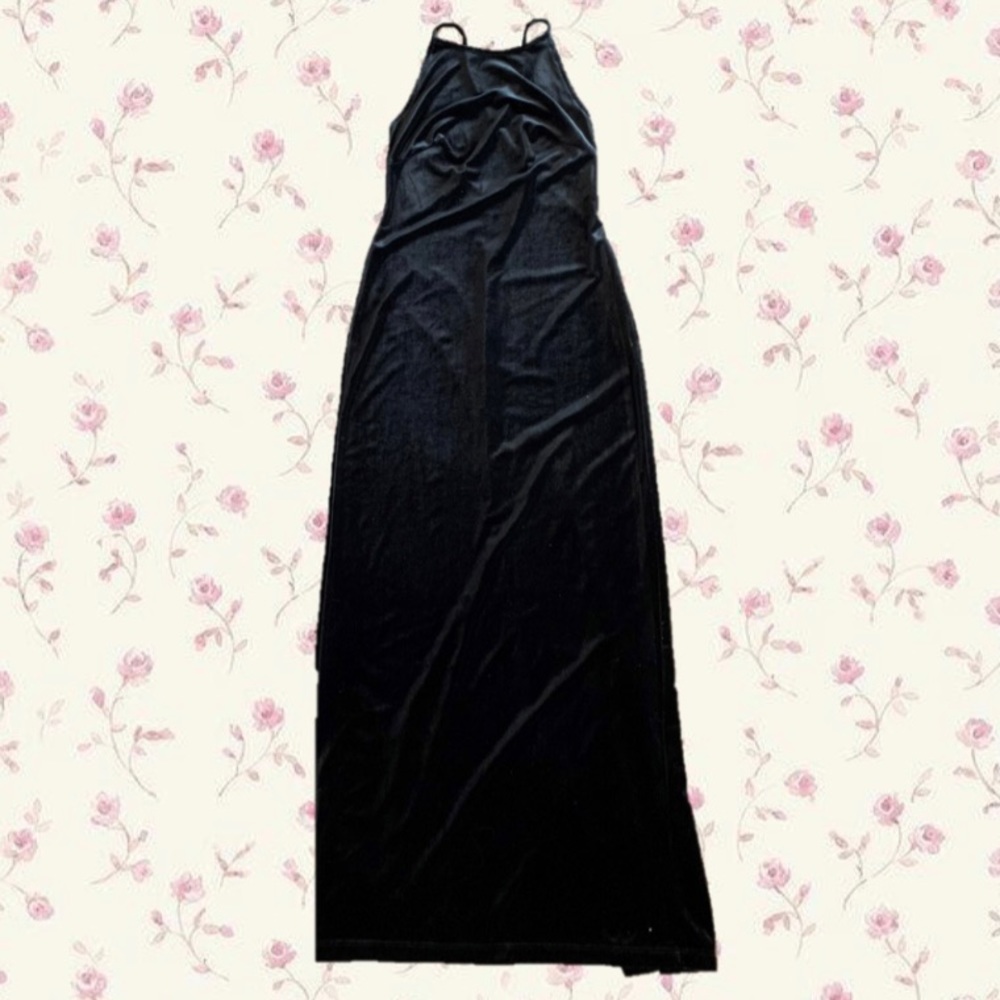 Vintage Black Synthetic Velvet Formal Dress/ Gown